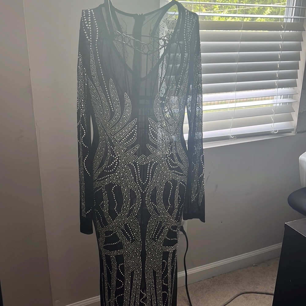 Long Black sheer dress encrusted w/ jewels
